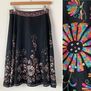 VINTAGE Embroidered A-Line Linen Skirt Black Midi Pin-Up Retro Boho Artsy 8